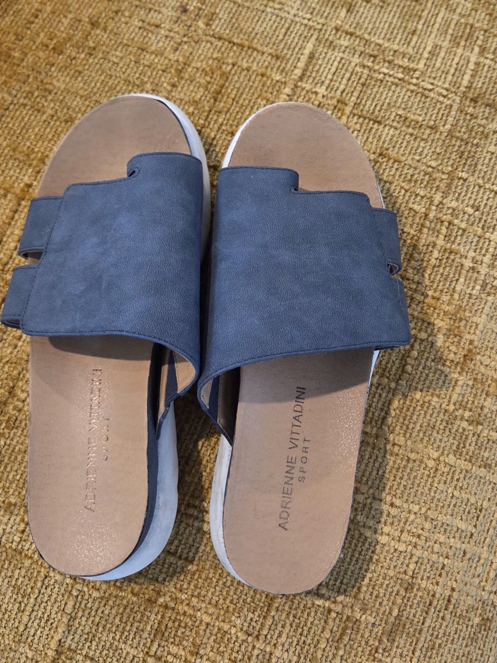 Adrienne Vittadini Blue Slide Sandals with Tan Footbed